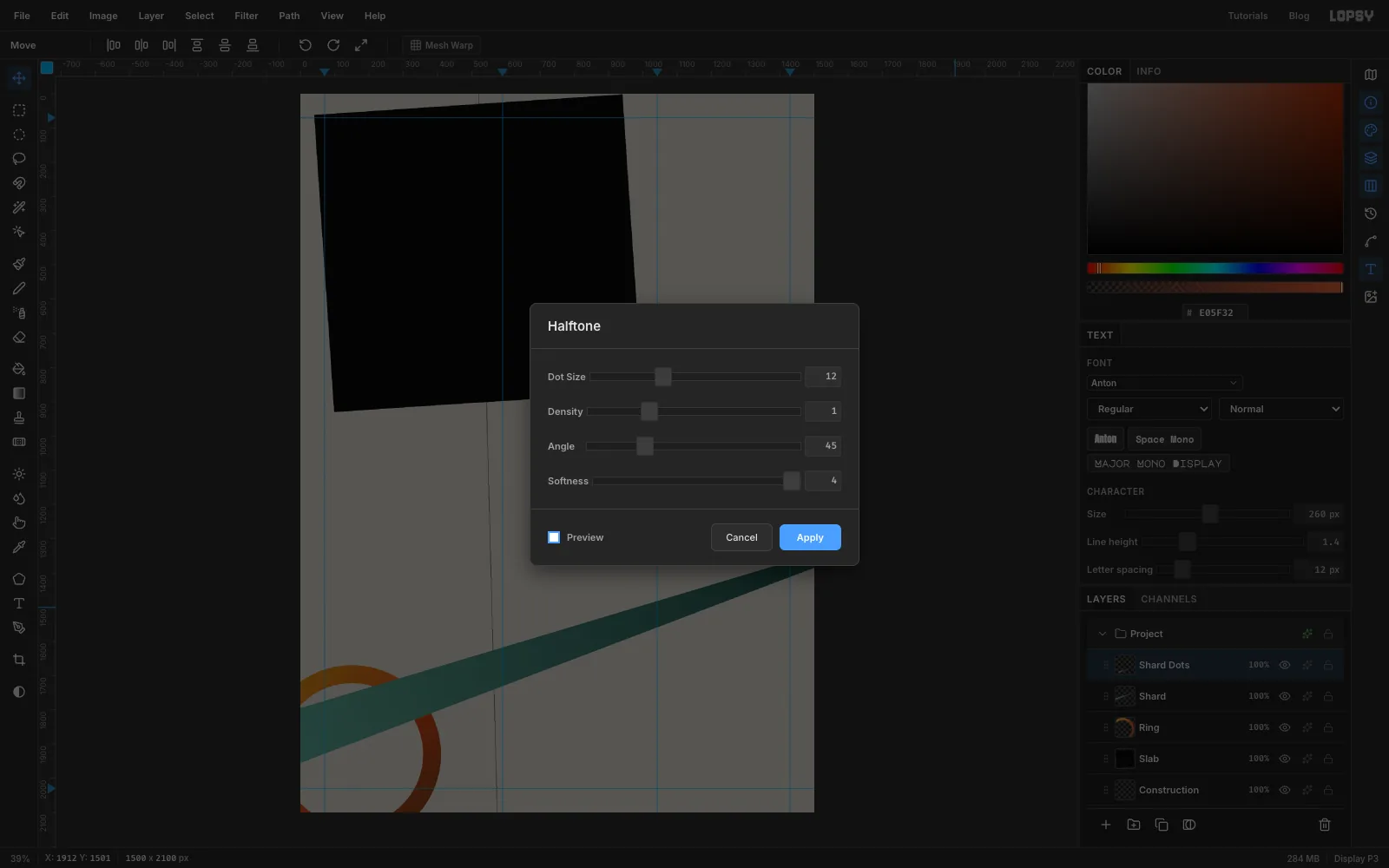 The Halftone dialog at dot size 12, angle 45 and softness 8, previewing round dots on the band