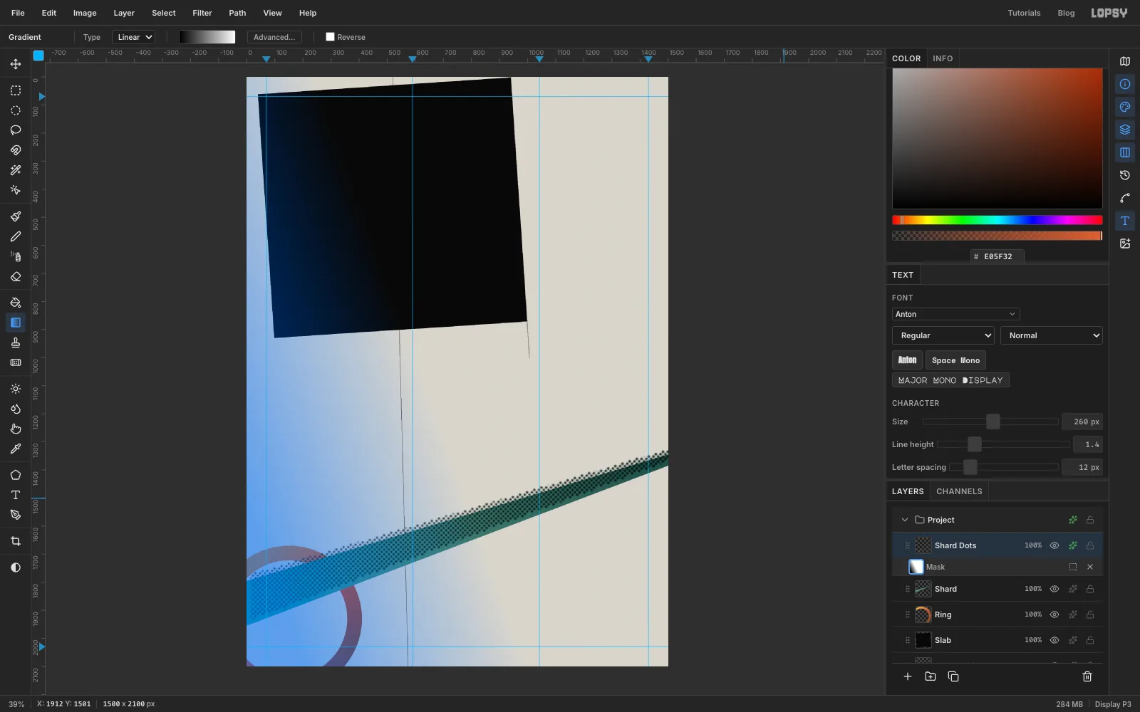 The page washed blue while editing the mask, with a black-to-white gradient running along the band