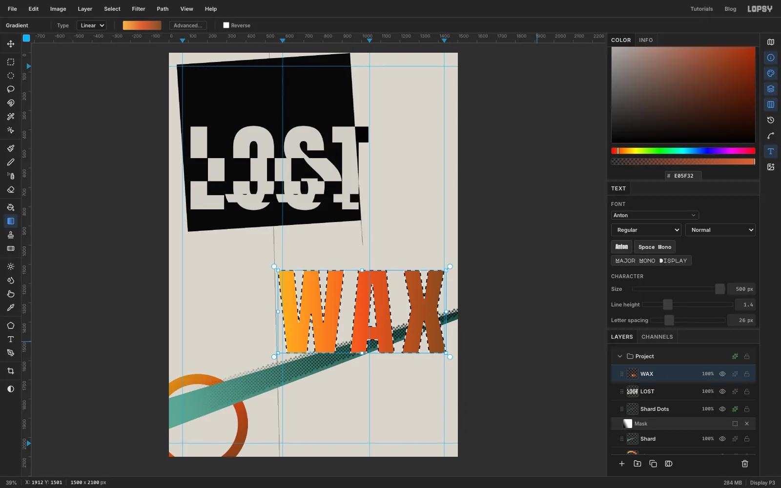 WAX set huge in orange in the empty lower page, now filled with a yellow-to-orange-to-bronze gradient from left to right