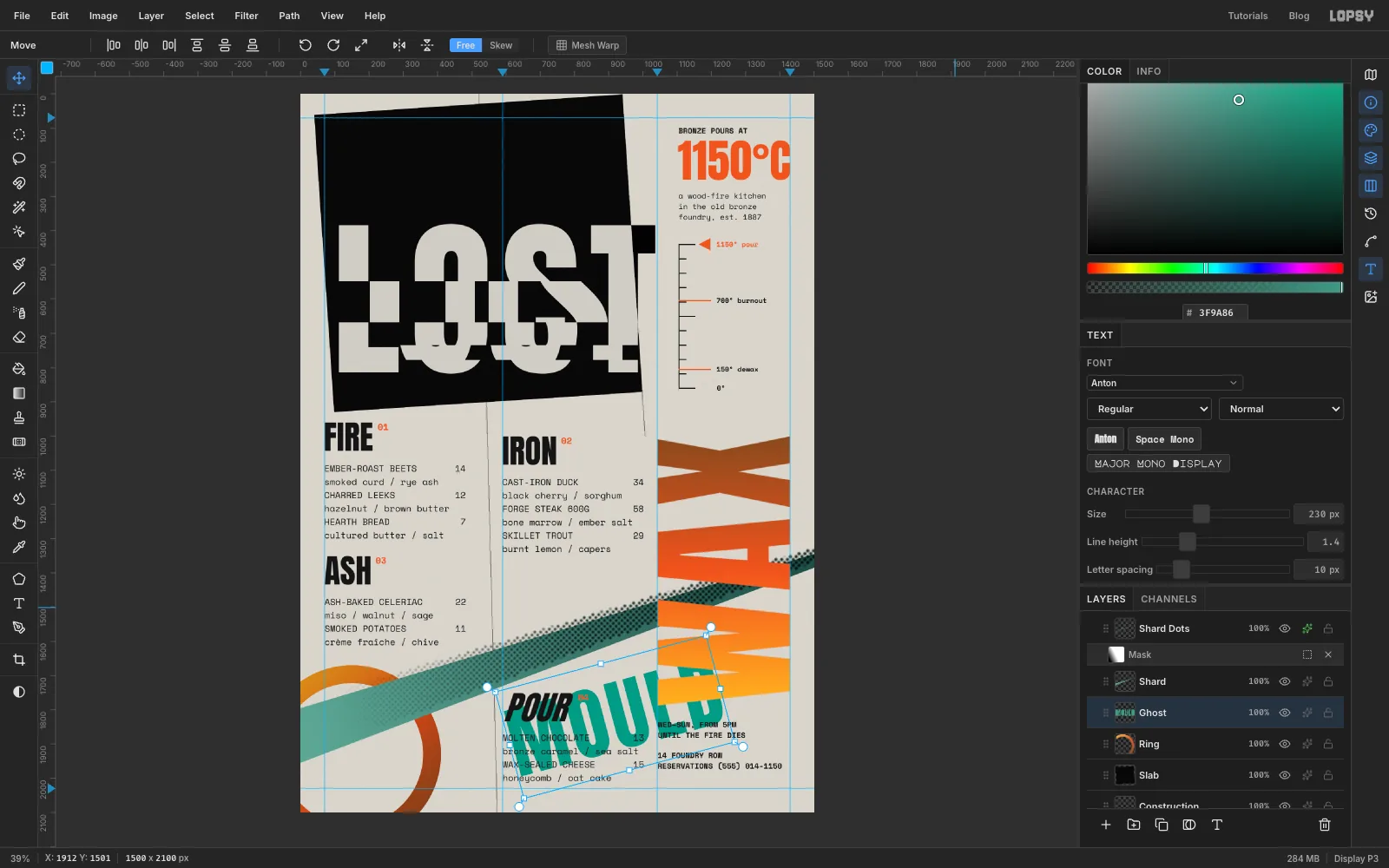 The word MOULD in teal Anton, rotated 15 degrees anticlockwise inside its transform box