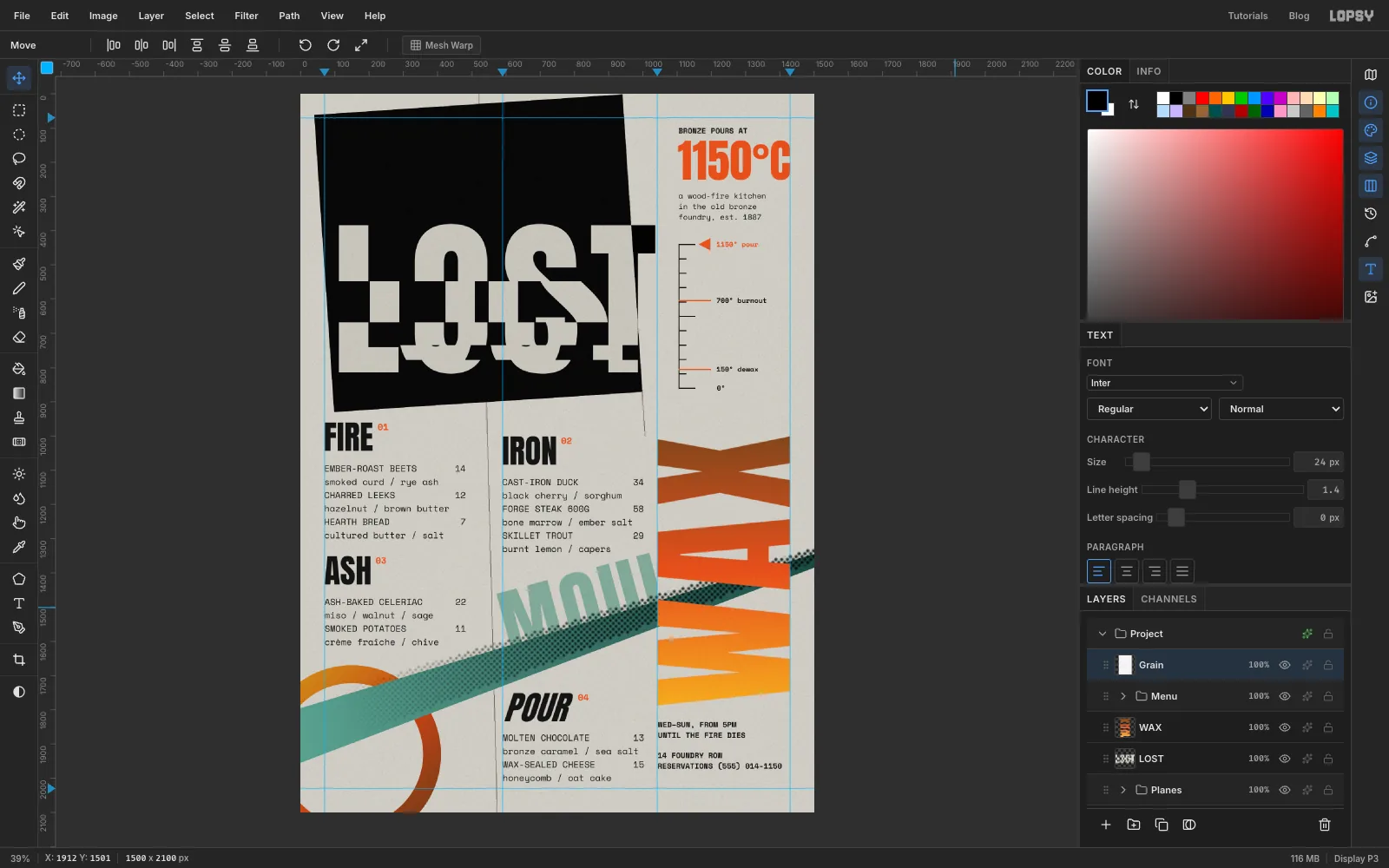 The finished LOST WAX menu in the editor, with a Grain layer at the top of the Layers panel
