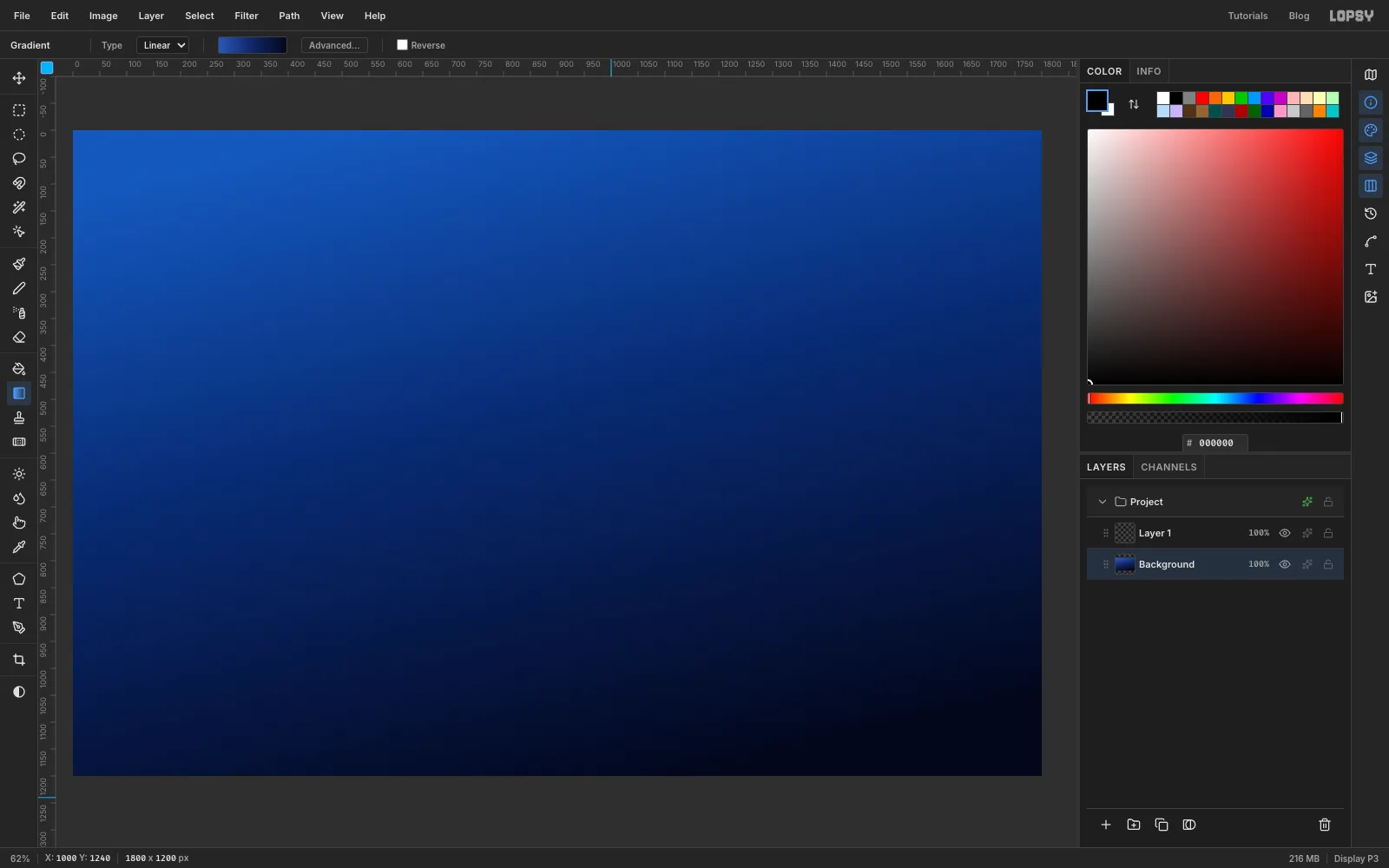 A new 1800 by 1200 document filled with a gradient from bright cobalt at the top left to near-black navy at the bottom right