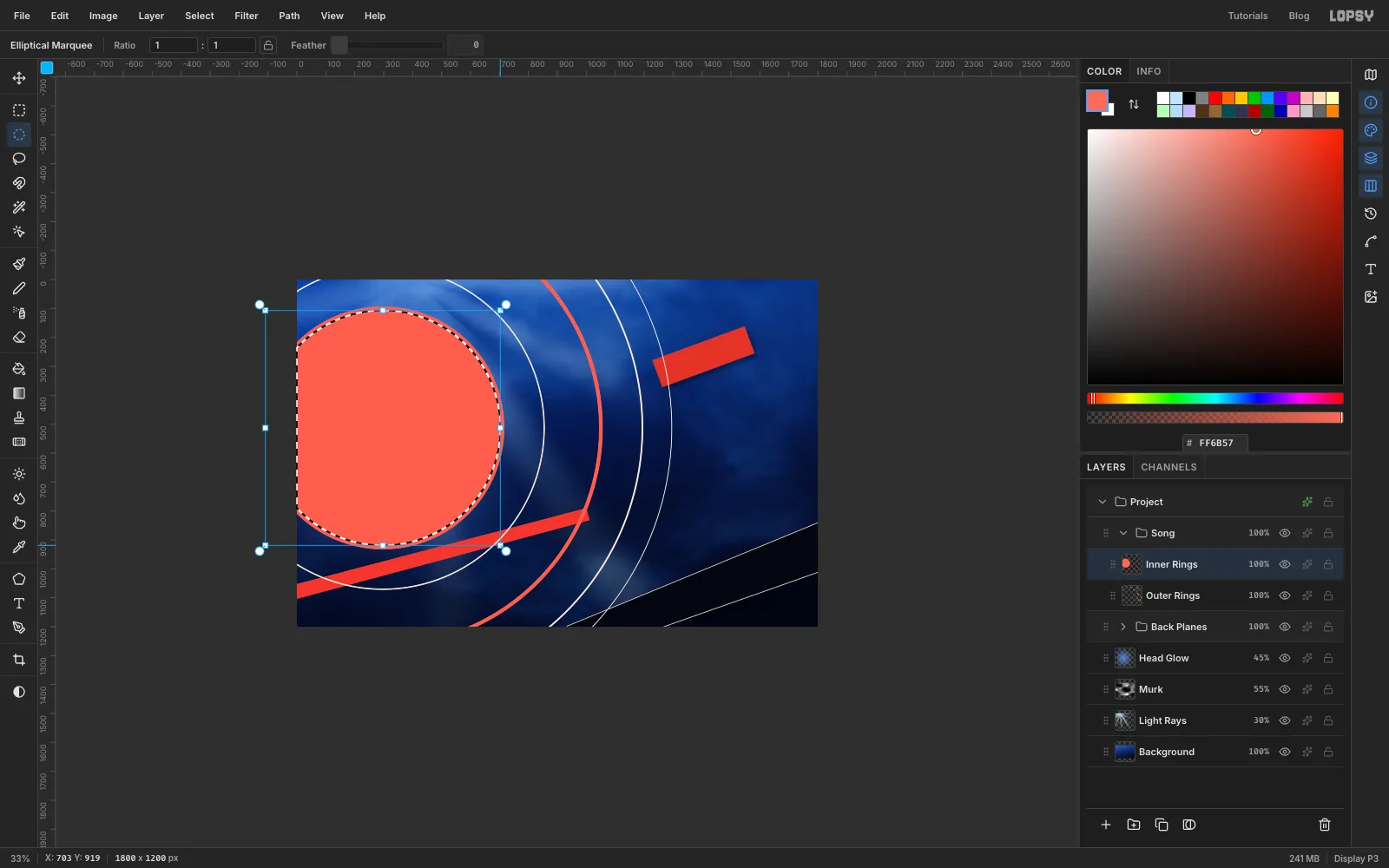 Zoomed out to a third so the canvas is small: a coral disc centred on the head with a slightly smaller circular marquee inside it, ready to delete its middle, among the finished outer rings