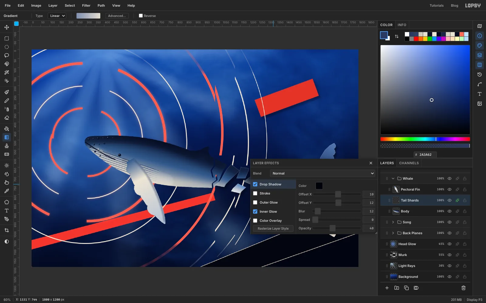 The Layer Effects drawer on the Tail Shards layer, with Drop Shadow and Inner Glow switched on