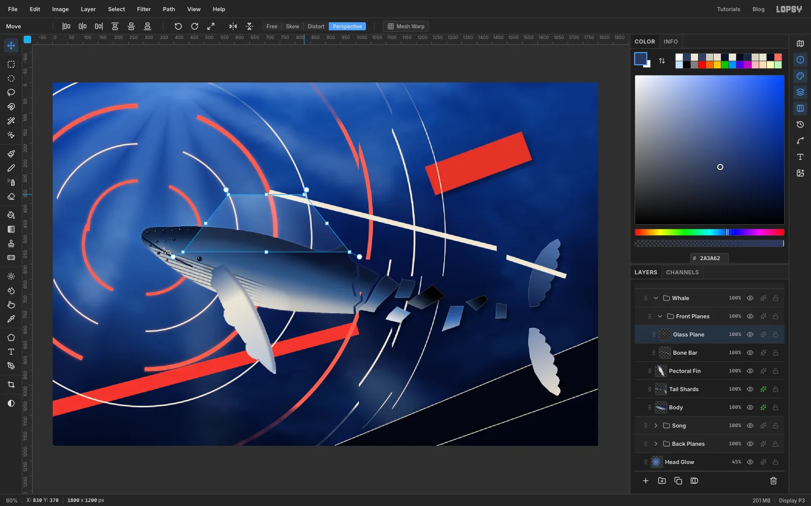 A pale rectangle above the whale's back being turned into a keystone with the Move tool in Perspective mode