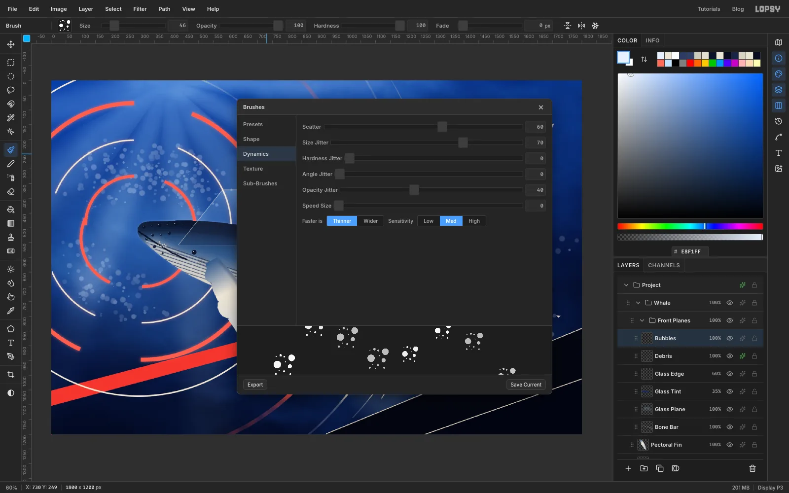 The Brushes modal on the Dynamics tab with Scatter 60, Size Jitter 70 and Opacity Jitter 40, over a trail of bubbles rising from the whale's blowhole