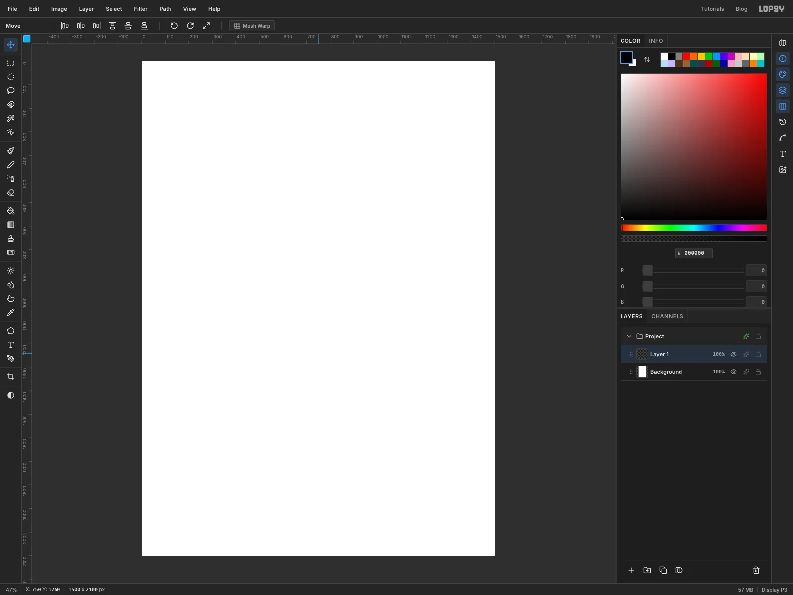 The New Document dialog has made a tall white 1500 by 2100 pixel canvas