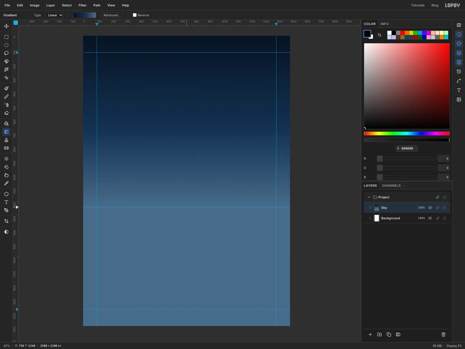 A gradient runs from near-black navy at the top to a hazy steel blue at the horizon