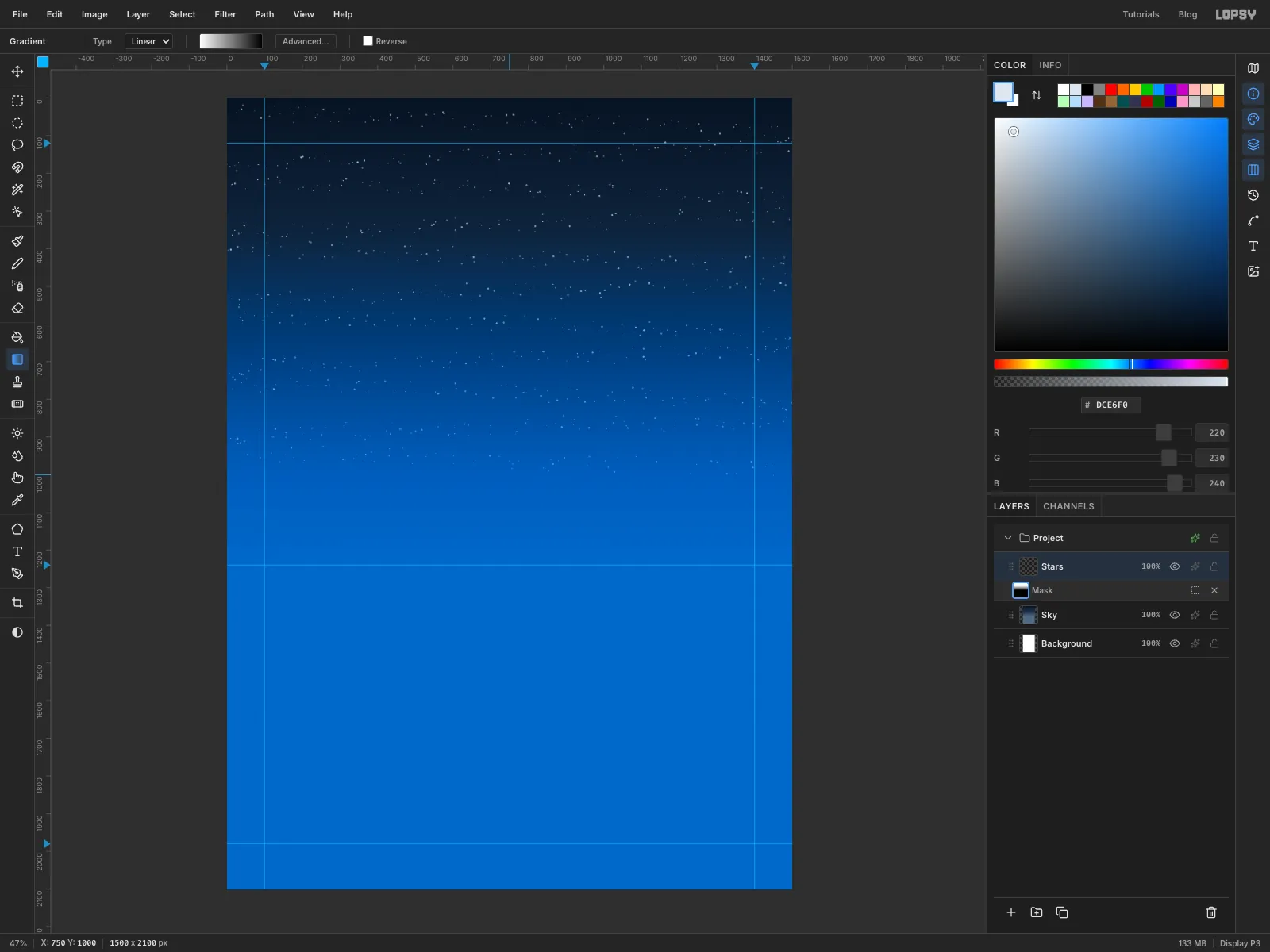 In mask editing the canvas turns bright blue where the mask hides the stars, from the middle of the sky downward