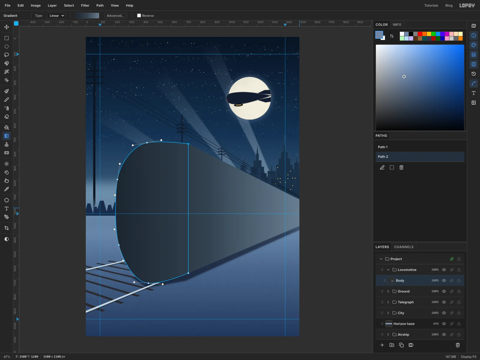 The locomotive silhouette is filled with a grey gradient that lightens into the distance