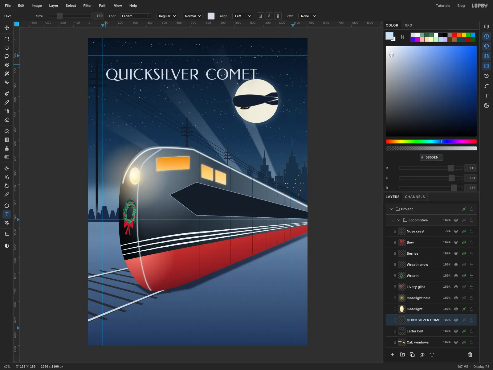 A dark arrow-shaped belt runs along the train's side, and QUICKSILVER COMET is typed in the sky in a deco face