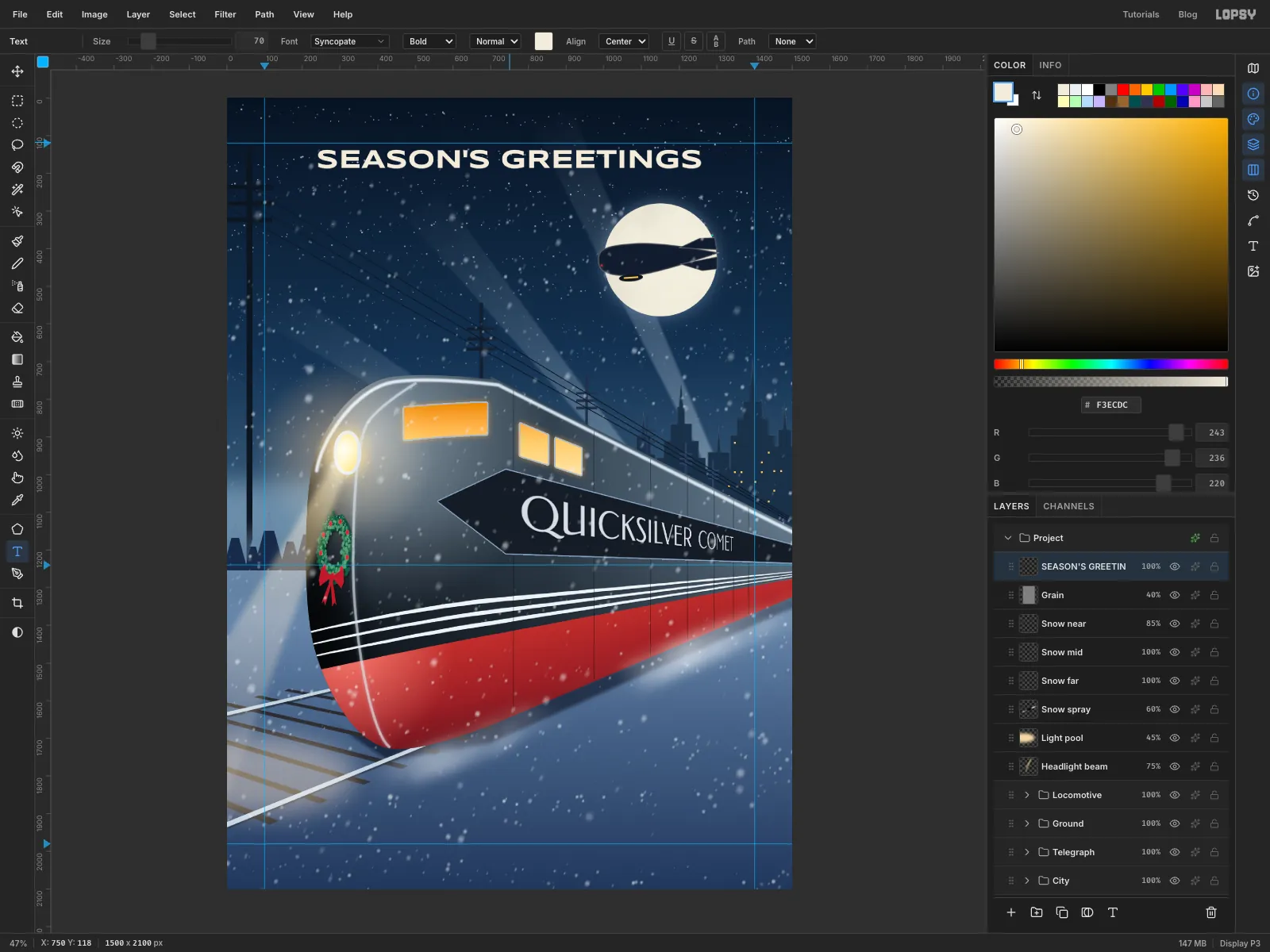 SEASON'S GREETINGS in wide cream capitals is centred across the top of the sky