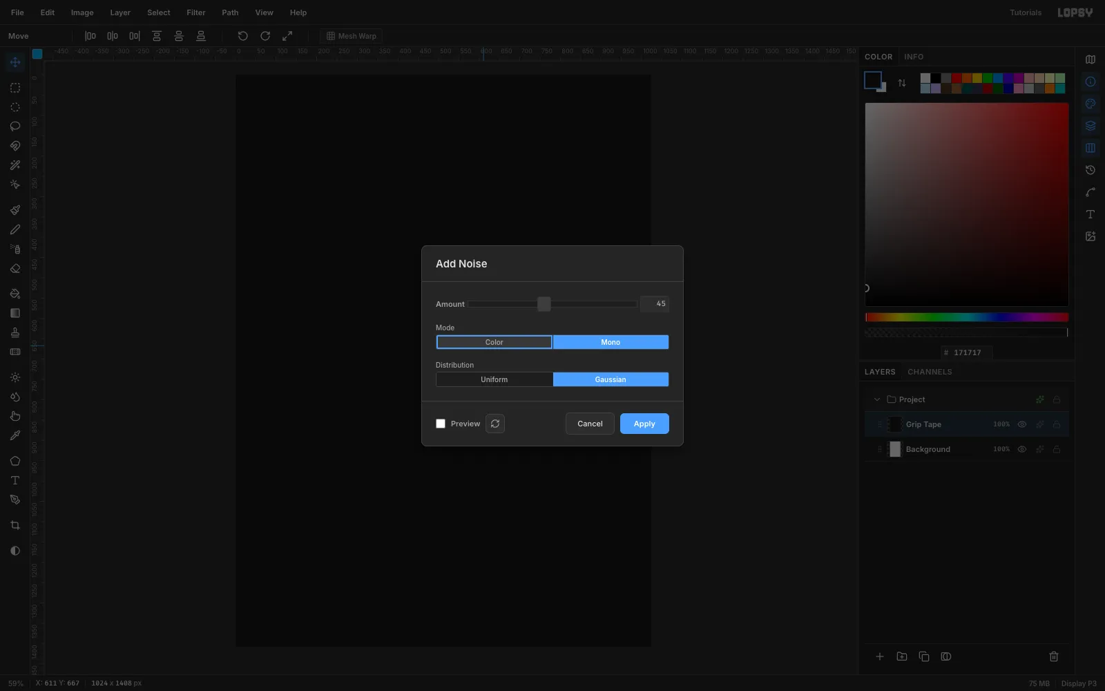 The Add Noise dialog set to Amount 45, Mono and Gaussian over a near-black canvas