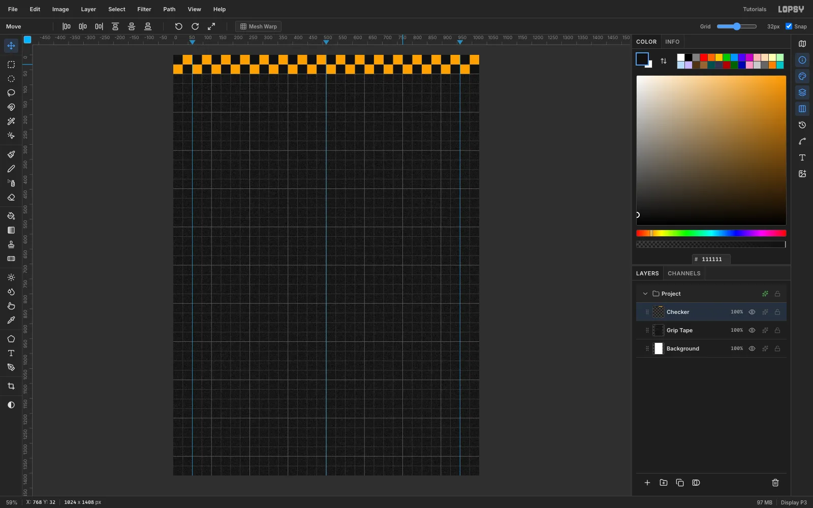 A row of orange and black 32-pixel checks across the top of the canvas, with a 32 px grid shown
