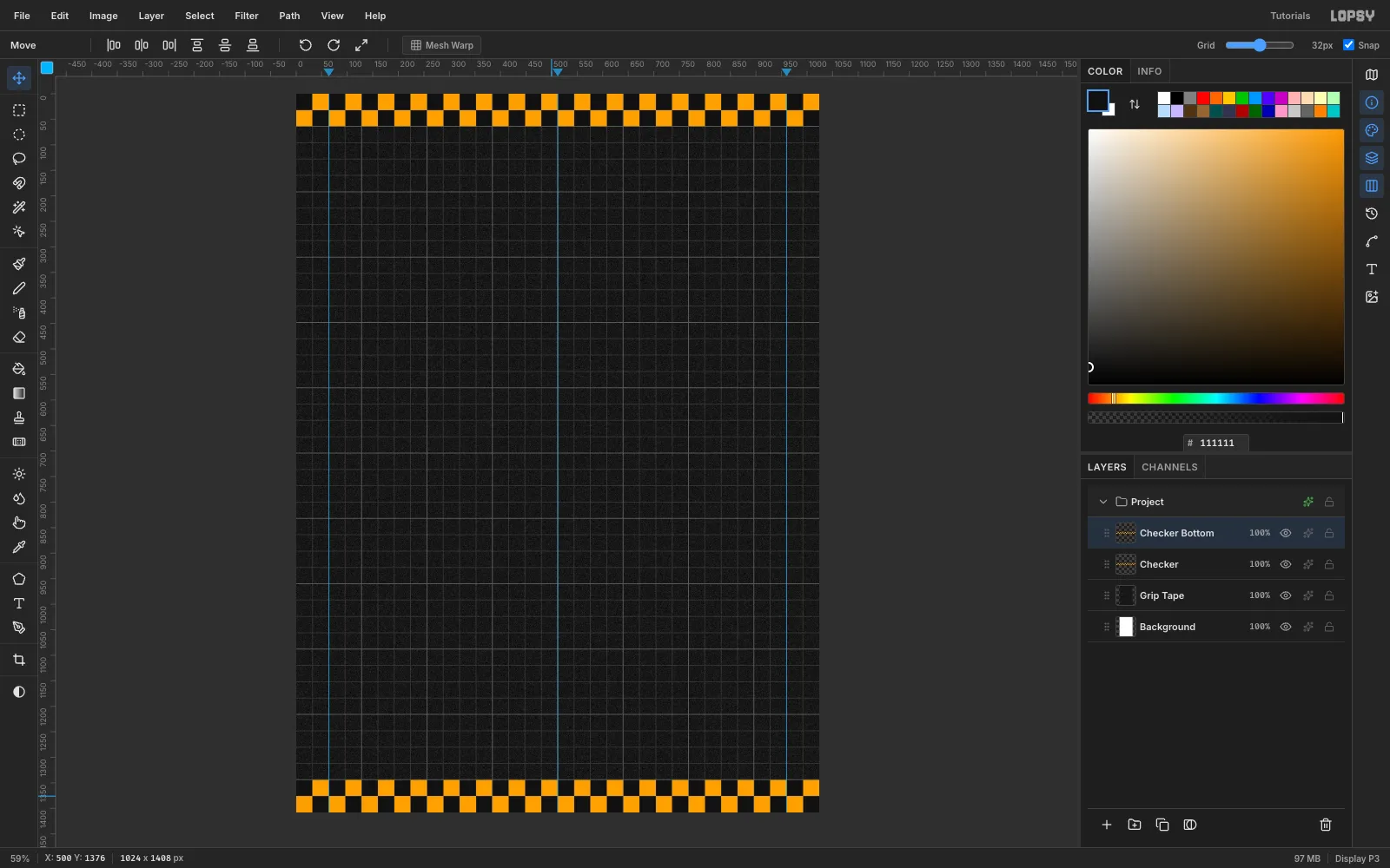 Orange checker bands at the top and bottom edges of the grip-tape canvas