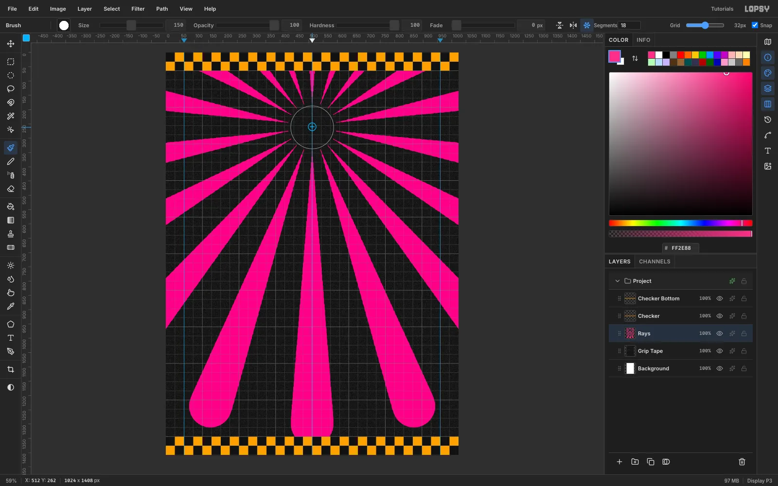 Eighteen tapered hot-pink rays radiating from a point near the top of the canvas, with the symmetry centre marker