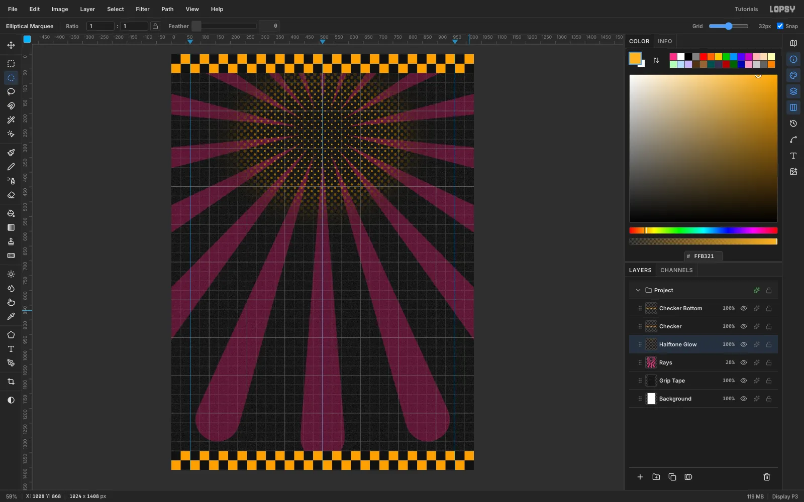 A field of orange halftone dots fading out from behind the title area over the dimmed pink rays