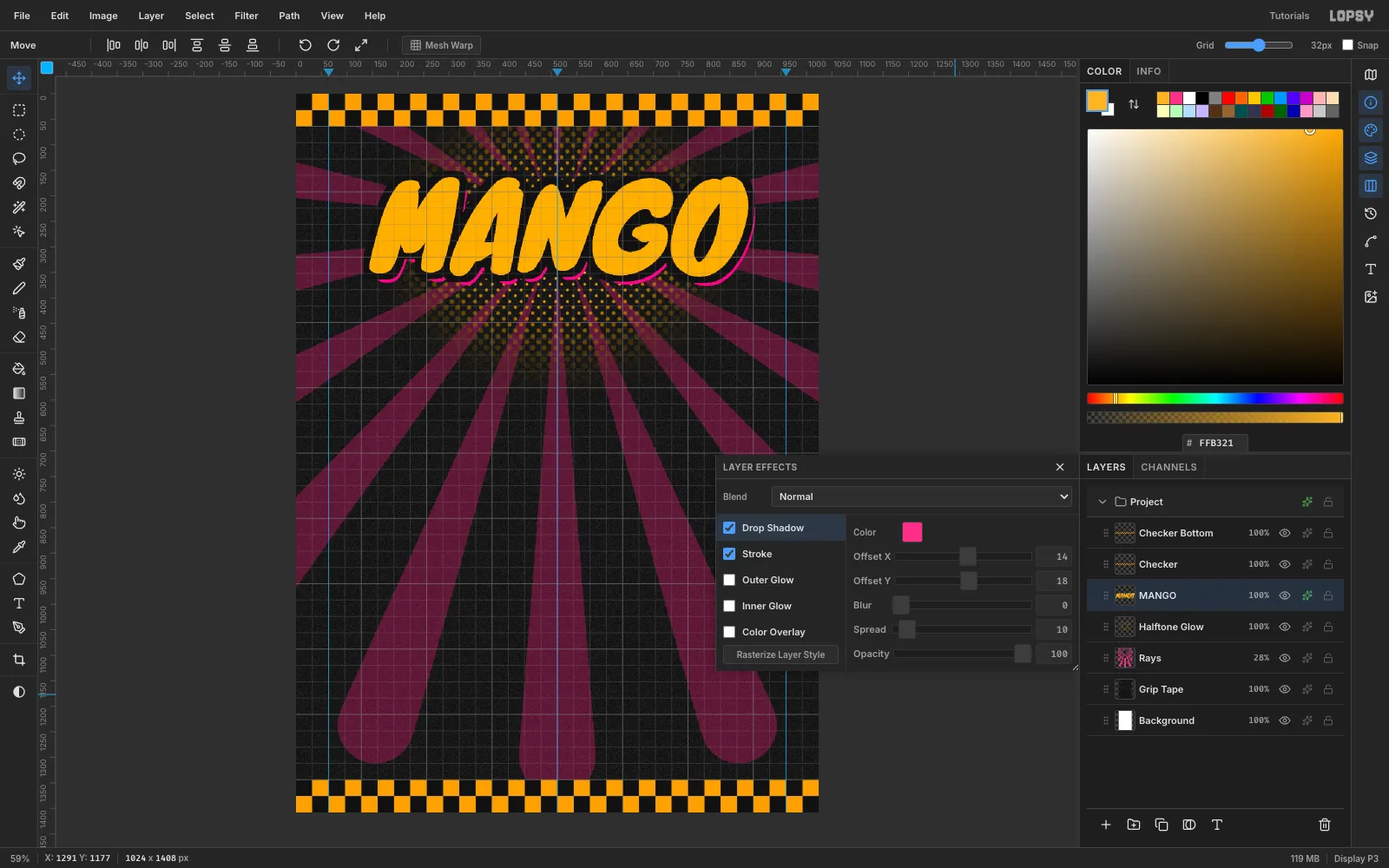 The yellow MANGO title in Knewave with a black stroke and a hard pink drop shadow, and the Layer Effects drawer open