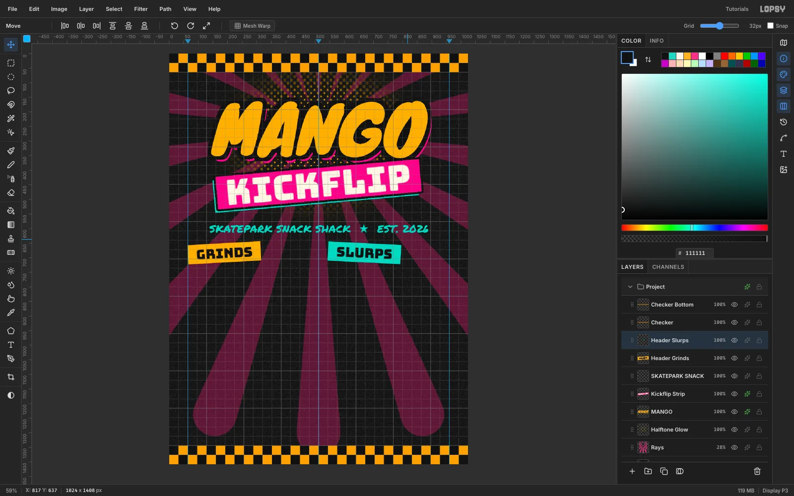 A mango GRINDS tag and a teal SLURPS tag in black Bungee, each rotated 3 degrees in opposite directions