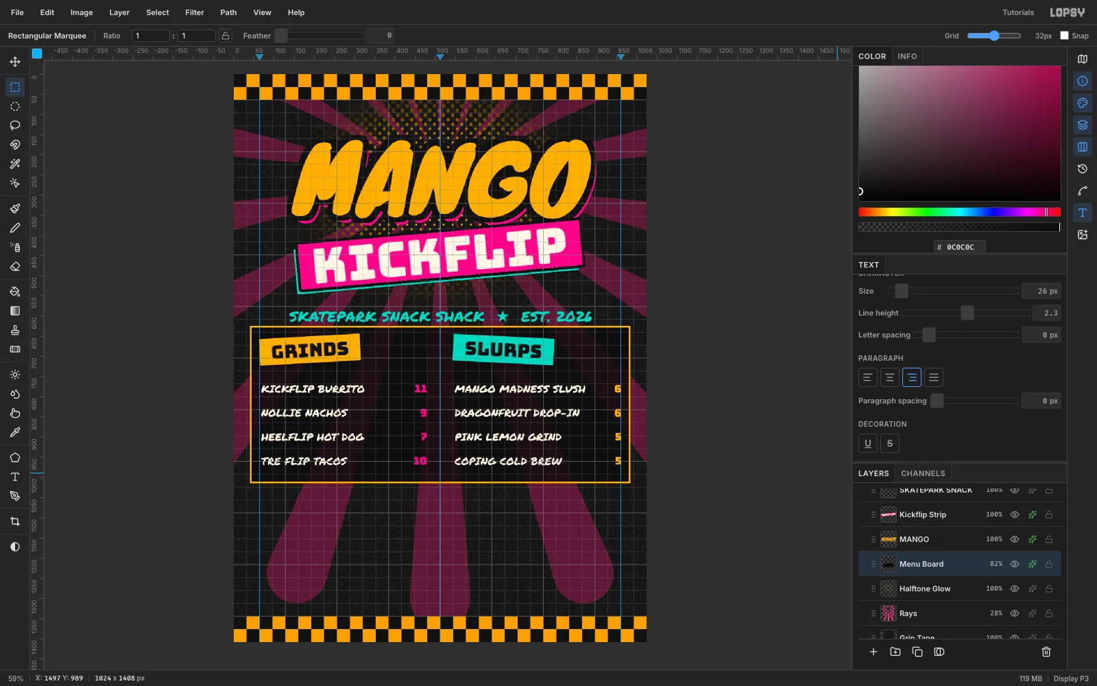 A near-black board with an orange outline behind both menu columns