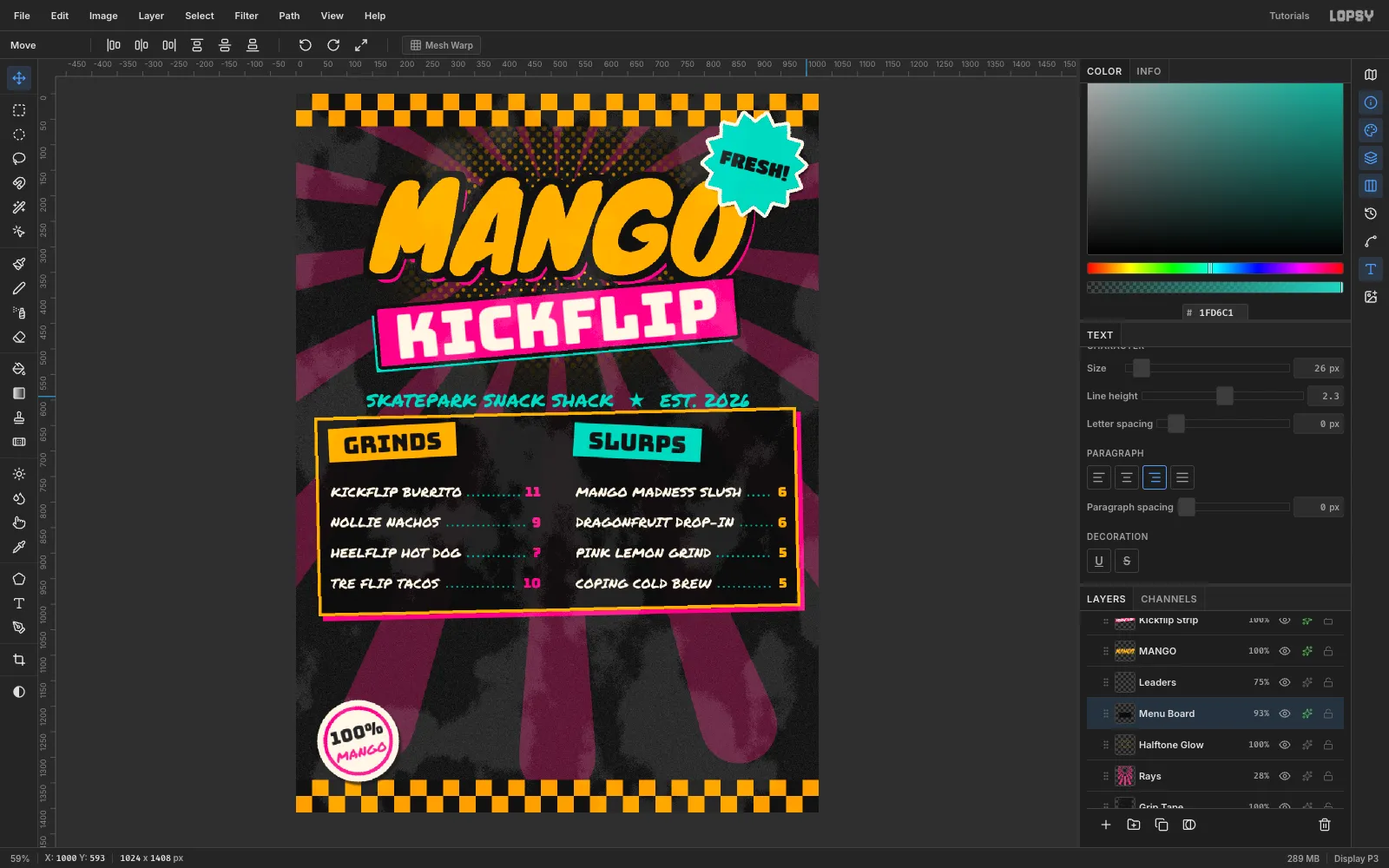 The menu board at 93 percent opacity, rotated about one degree with a thick orange outline and a hard pink offset shadow