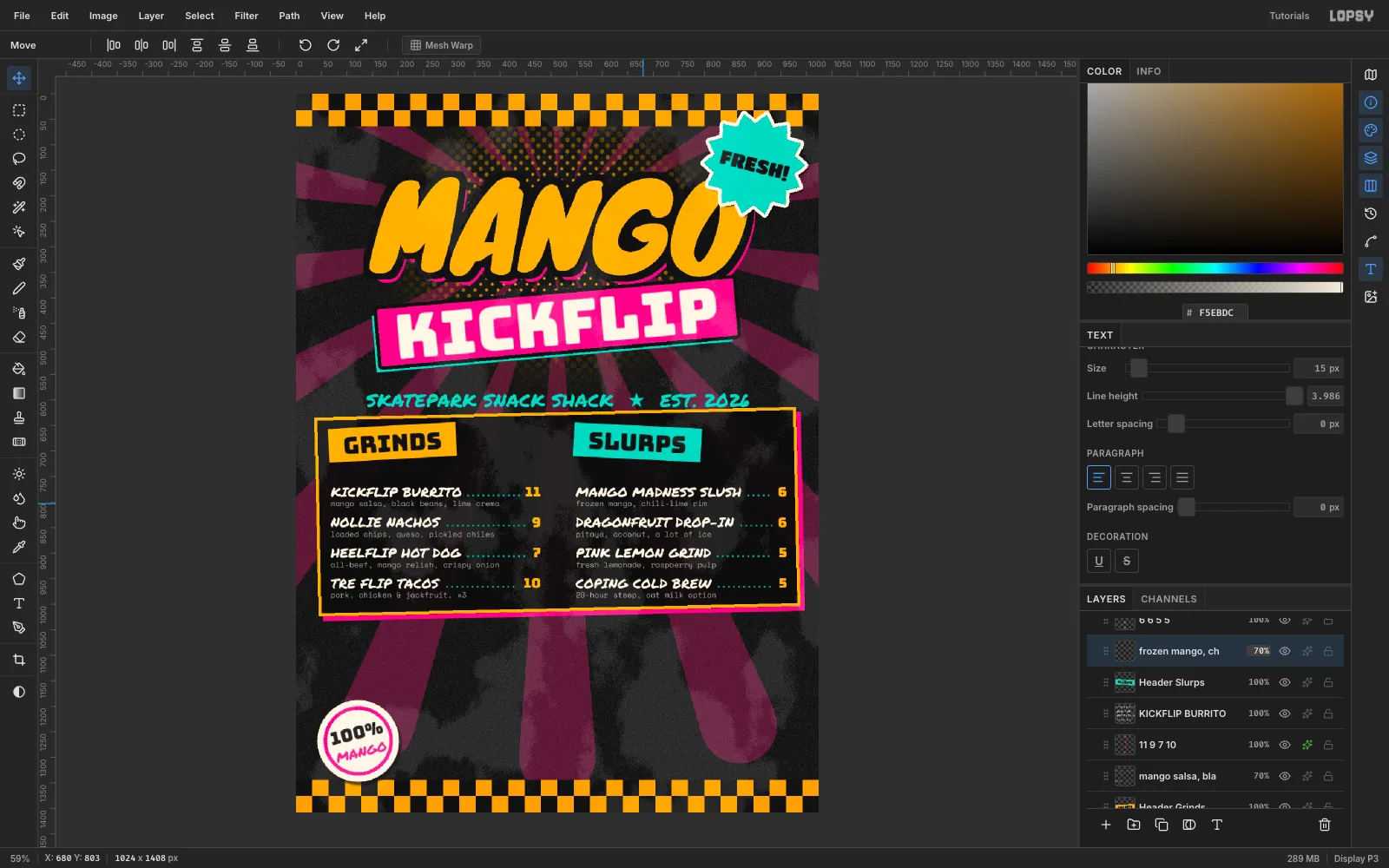 Each menu item now has a small cream Space Mono description underneath, and both price columns are mango orange