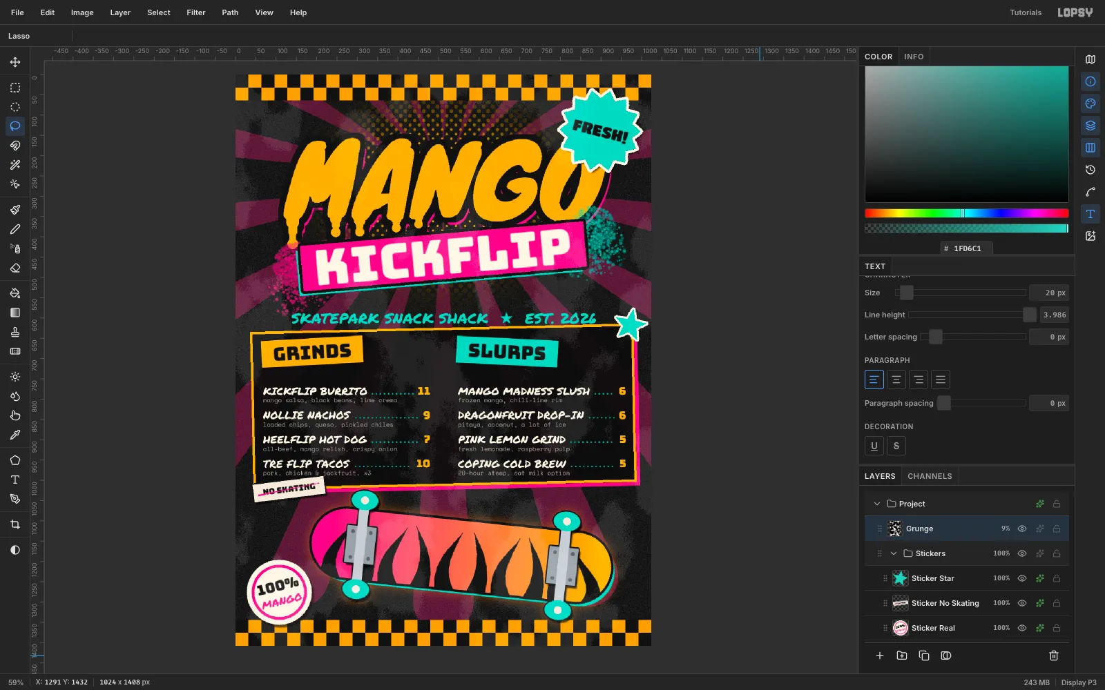 The finished menu in Lopsy with the Stickers group expanded in the Layers panel and the Grunge layer at 9 percent on Screen