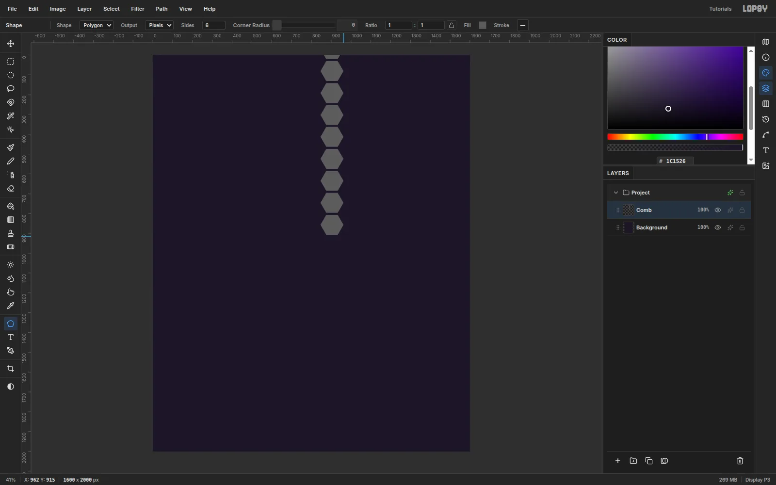 A single column of nine grey flat-topped hexagons running down the canvas at x 904, drawn with the Shape tool in Polygon mode