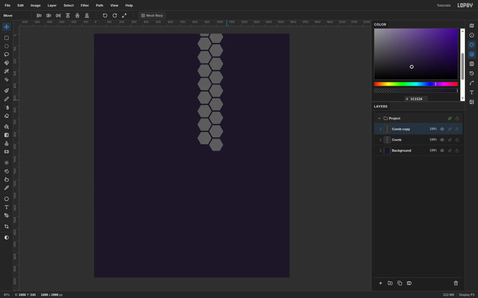 A second hexagon column offset down and to the right of the first so the two interlock, with the copy selected in the Layers panel