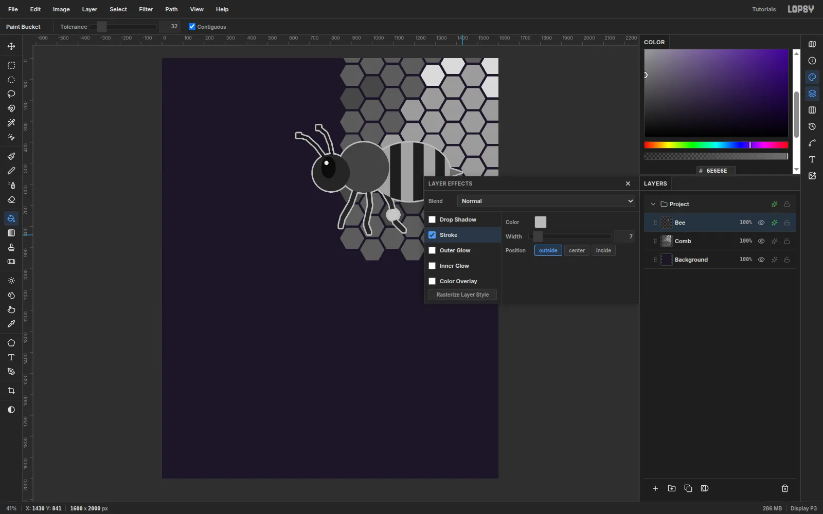 The merged Bee layer with a light grey outside stroke around every part, and the Layer Effects drawer showing Stroke enabled at width 7