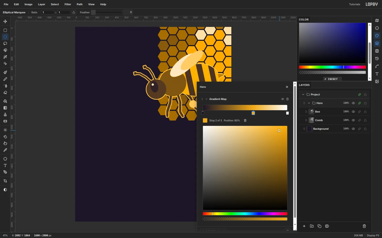 The Hero group's adjustment drawer with a Gradient Map running from ink through honey to white, and the bee and honeycomb now rendered in honey tones