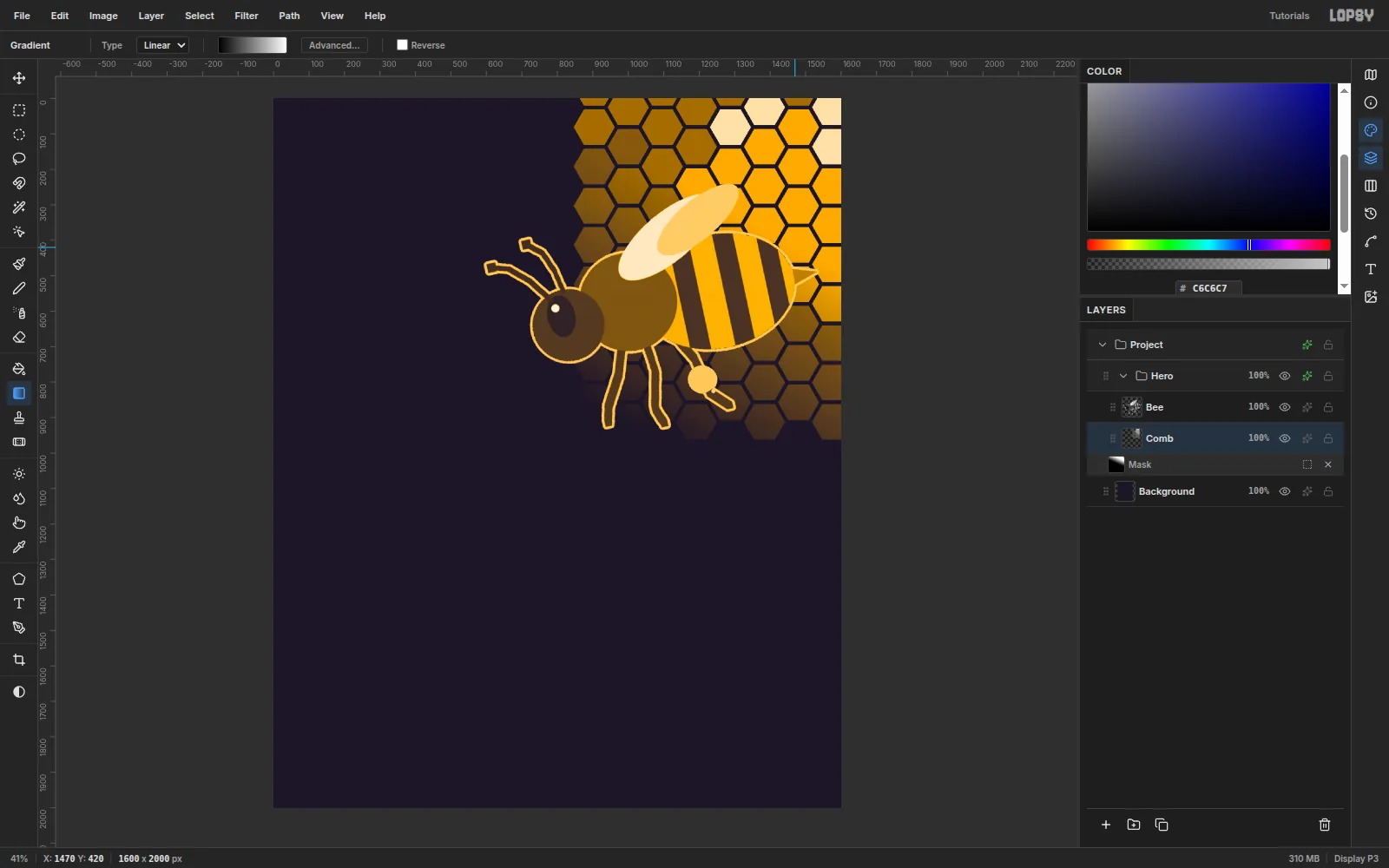 The honeycomb glowing at the top right and dissolving into the ink toward the bottom left, behind the finished honey bee