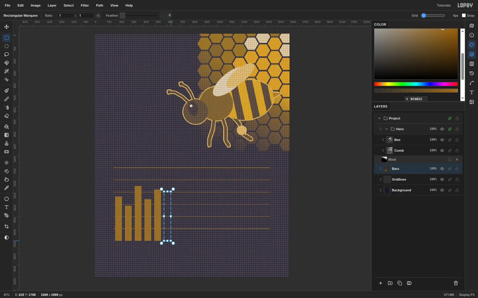A 4-pixel grid over the canvas while the sixth bar is marqueed from y 1295 to the 1700 baseline, with five honey bars already filled