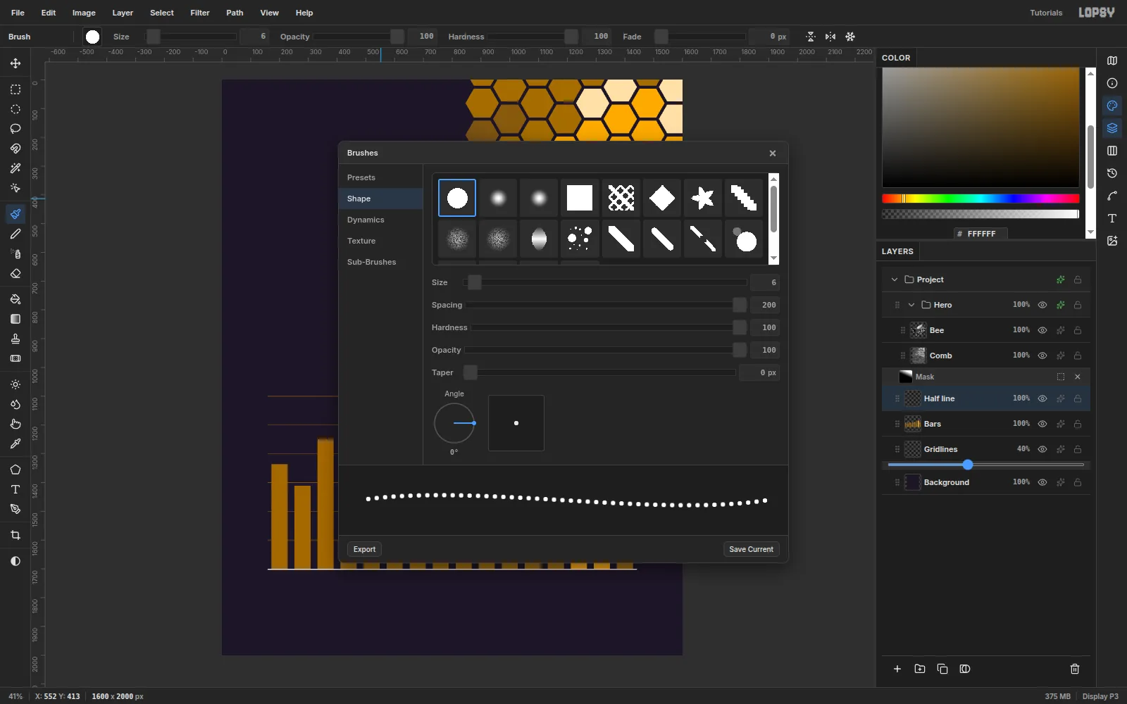 The Brushes modal with a hard round tip, Size 6 and Spacing 300%, previewing a line of separate dots