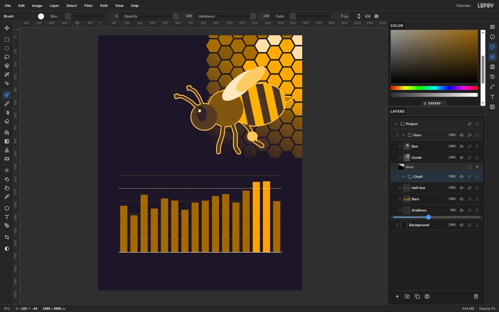The Layers panel with Gridlines, Bars and Half line nested in a Chart group, and the dotted line running across every bar
