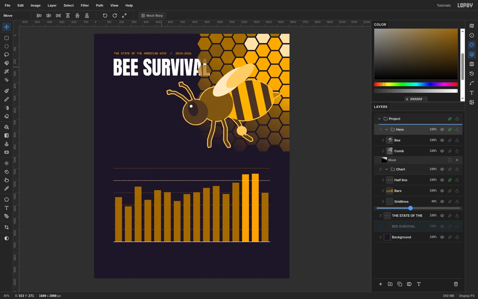 The BEE SURVIVAL row being dragged by its grip to the top of the Layers panel, above the Hero group