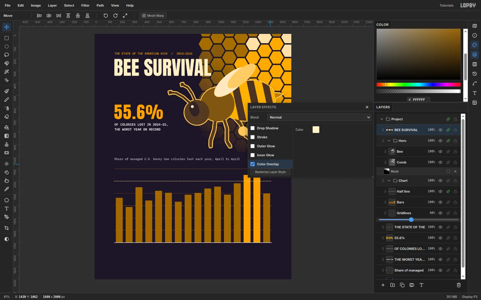 The Layer Effects drawer for BEE SURVIVAL with Color Overlay enabled in pale cream, and the headline now cream instead of white
