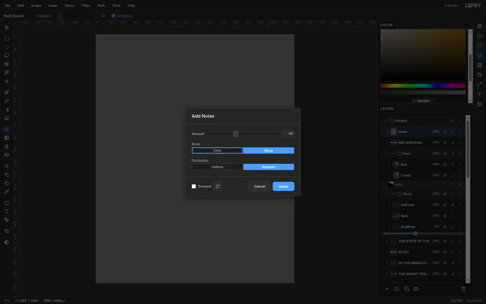 The Add Noise dialog with Amount 40, Mono and Gaussian selected over a flat mid-grey layer