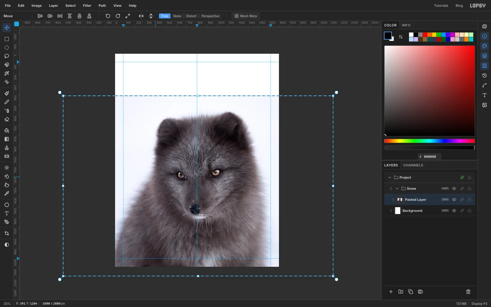 The enlarged photo dragged up and left so the fox's face sits on the centre guide and its body runs off the bottom of the canvas