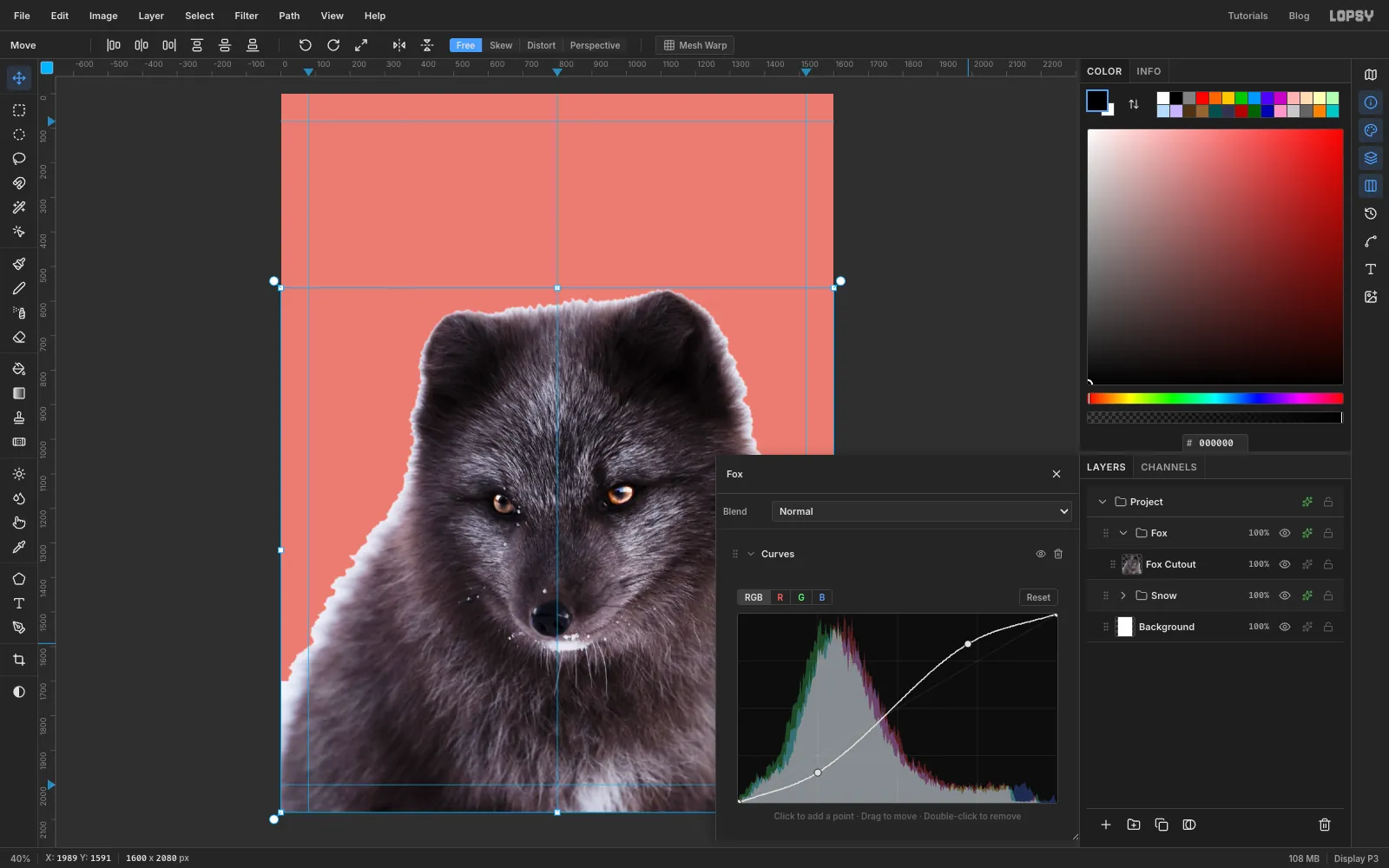 The Curves adjustment on the Fox group with a gentle S-shaped curve over the histogram