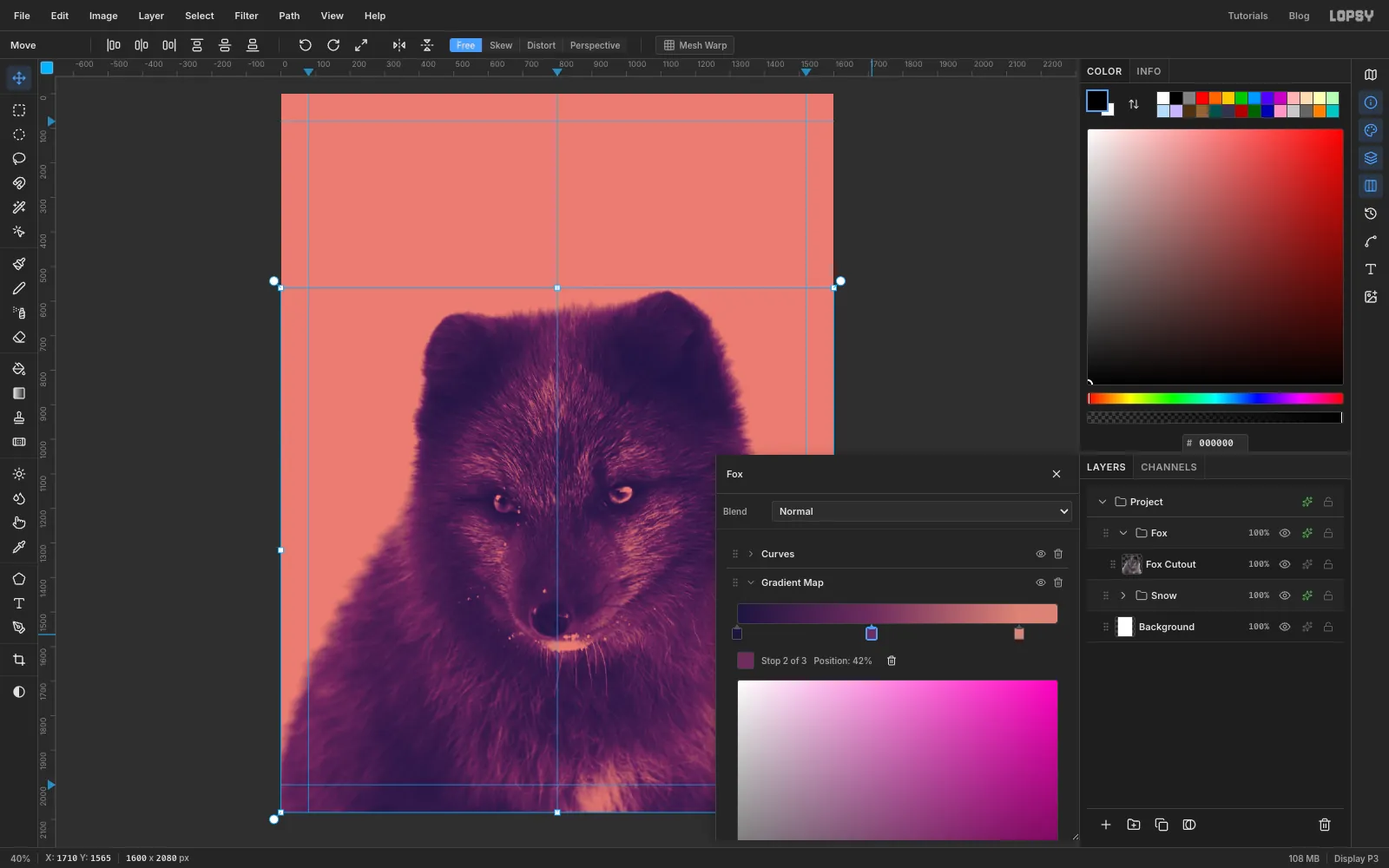 The Fox group's Gradient Map below its Curves node, turning the fox deep violet with plum and coral highlights