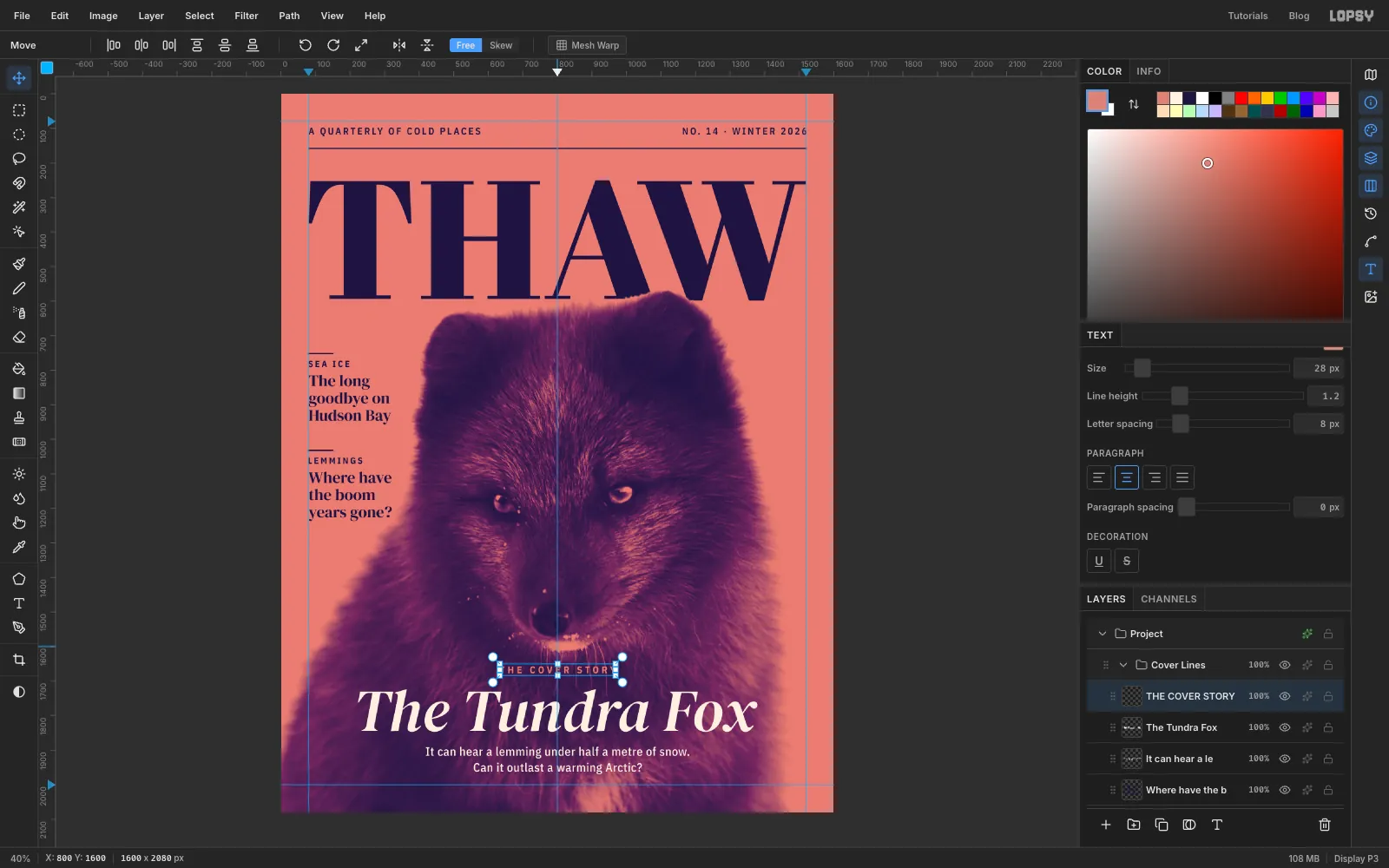 The Tundra Fox in large cream italic across the fox's chest, with a small coral kicker above it and a two-line cream dek below