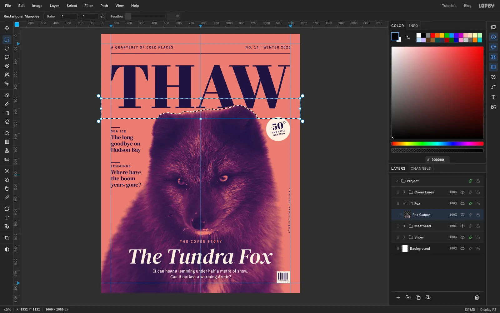 A band selection across the top of the fox's head, made by shrinking the fox's outline, inverting it and intersecting it with a marquee