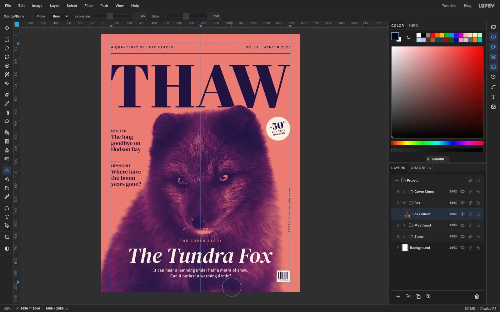 The cover with the Burn tool's round cursor over the pale patch of chest fur under the dek