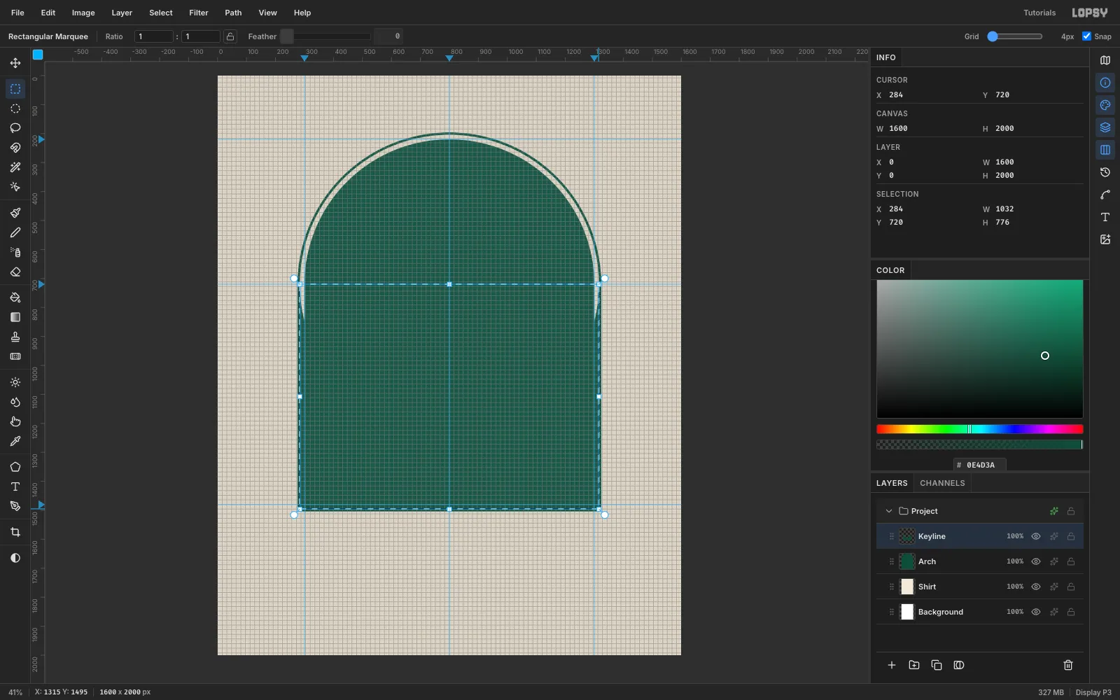 A bone canvas with ruler guides at x 300, 800 and 1300, an emerald arch filled on its own layer and the keyline's inner rectangle marquee active