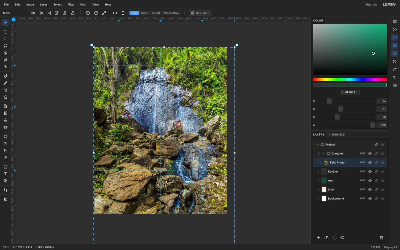 The waterfall photo pasted over the canvas with its transform box live and the bottom-right handle dragged to enlarge it
