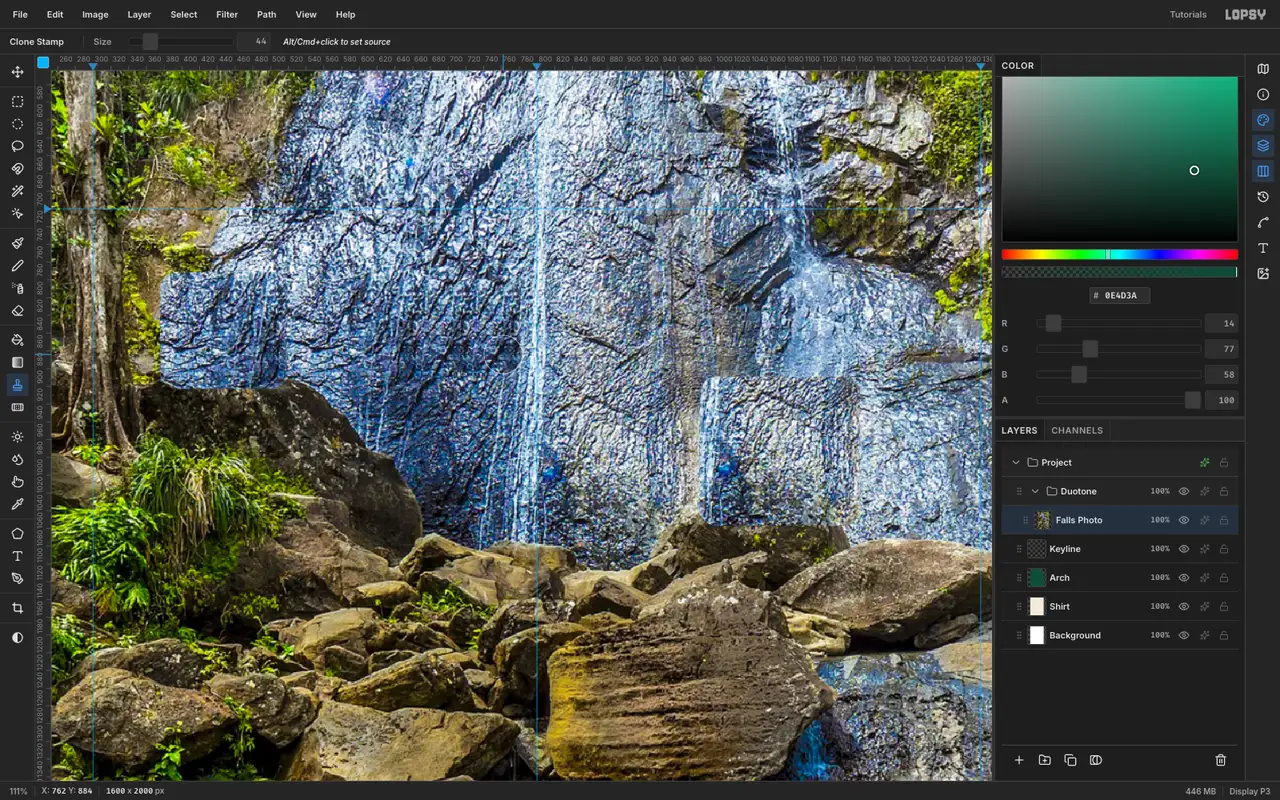 A zoomed-in view of the rock face where the Clone Stamp has painted rock over the hikers who were climbing the falls