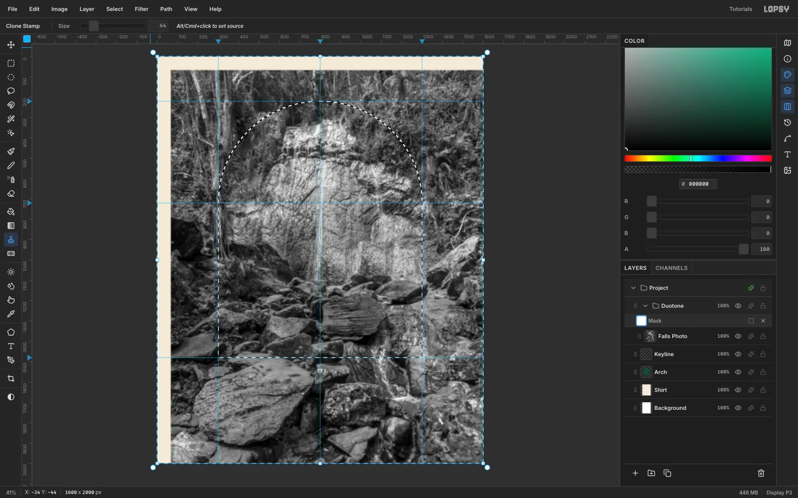 The desaturated, blurred photo inside the Duotone group, with the arch loaded as a selection and inverted before filling the group mask