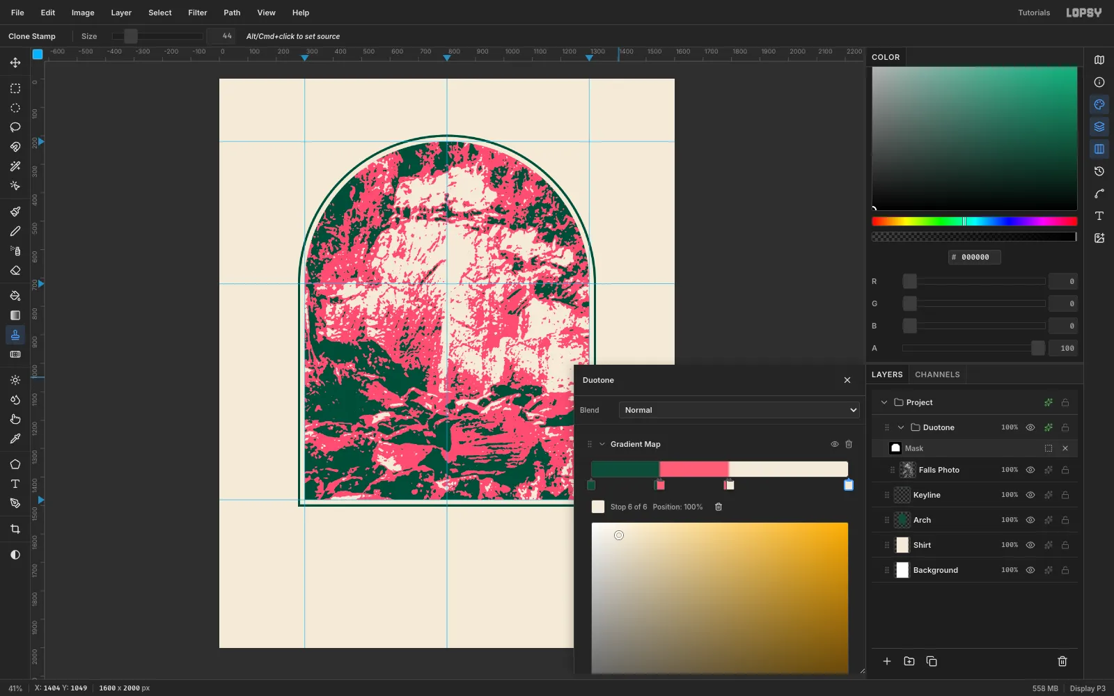 The effects drawer showing a Gradient Map with six stops, turning the photo into flat emerald shadows, pink mid-tones and bone highlights