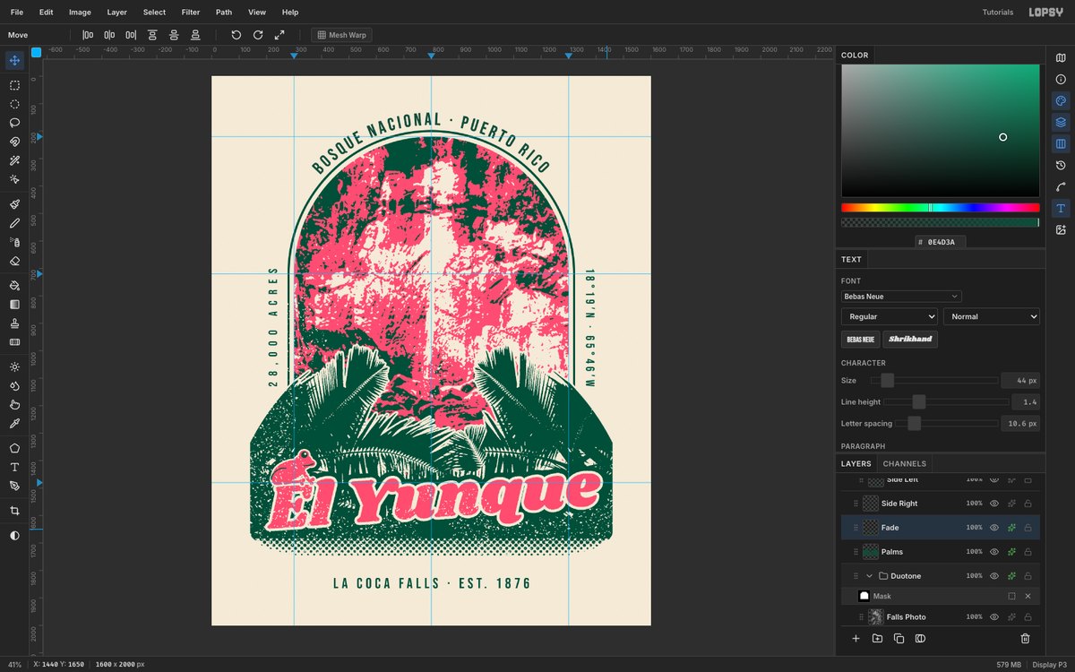 Lopsy editing the finished El Yunque t-shirt design, an emerald and pink duotone waterfall inside an arch with palm silhouettes and a pink script title, with the layers panel open